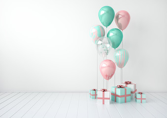 3D interior render with green and pink balloons, gift boxes. Pastel glossy composition with empty space for birthday, party or other promotion social media banners, text. Poster size illustration