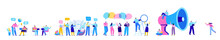 Creative Team Characters Flat Vector Horizontal Banner. Discussion People. Office Workers Life. Team Thinking And Brainstorming.  Flat Vector Illustration