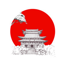 Traditional Japan Wooden Castle On The Stone Base. Black And White Dashed Style Sketch, Line Art, Drawing With Pen And Ink. Red Sun.Japan Symbols. 