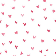Watercolor Painting Background With Little Pink Hearts, Seamless Pattern On White