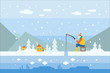 © topvectors - Cartoon man character fishing on frozen lake. Snowy winter day. Mountains, blue sky, houses and trees on background. Fisherman in warm clothes. Flat vector design