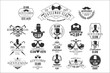 Monochrome vector set of stylish emblems for gentleman club. Vintage labels with silhouettes of men, smoking pipes, mustaches, bow ties and umbrellas