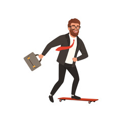 Poster - Cheerful businessman riding fast on skateboard. Cartoon young bearded guy in black formal suit with red tie. Office worker with briefcase. Flat vector design