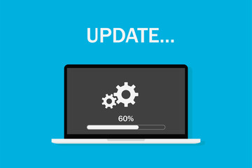 Poster - laptop updateing blue processing screen upgrade application flat design. eps 10