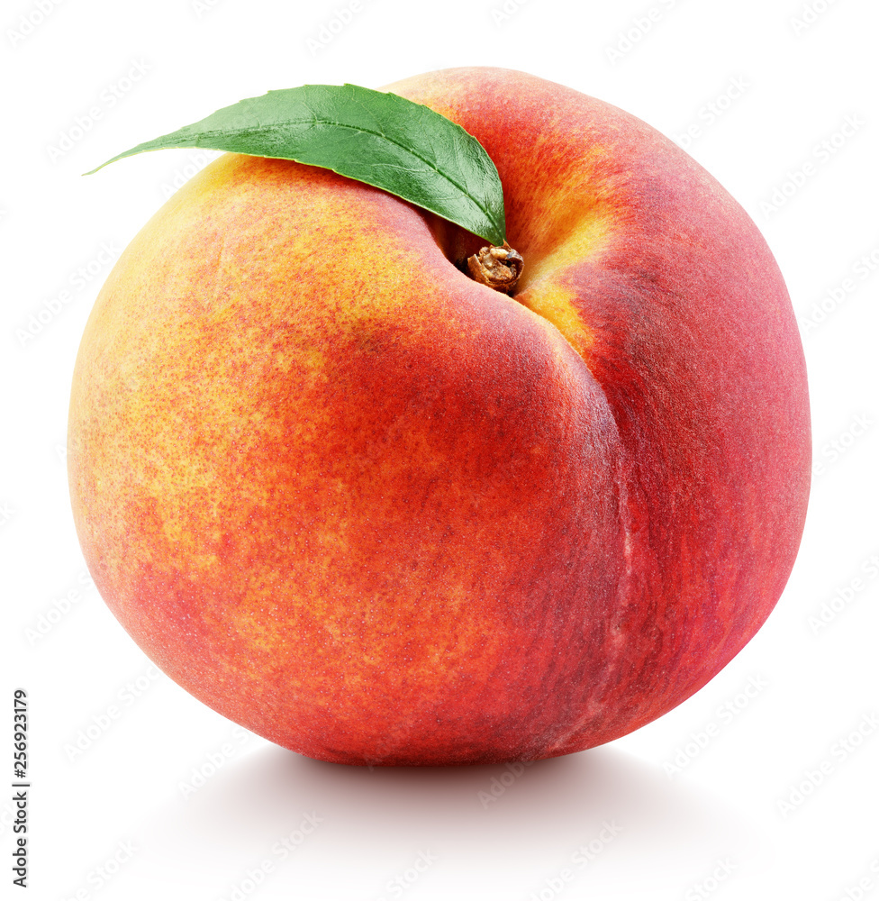 Ripe whole peach fruit with green leaf isolated on white background with clipping path. Full depth of field. - obrazy, fototapety, plakaty 