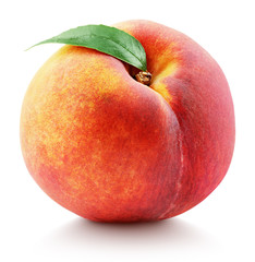 ripe whole peach fruit with green leaf isolated on white background with clipping path. full depth o