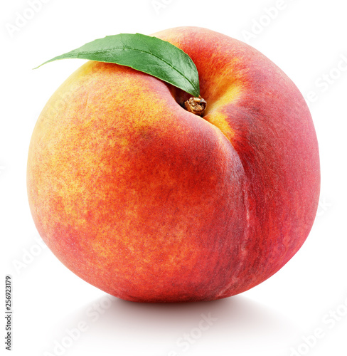 Fotomural Ripe whole peach fruit with green leaf isolated on white background with clipping path