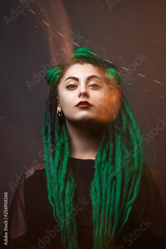 Pretty Girl With Green Long Dreadlocks Black Background