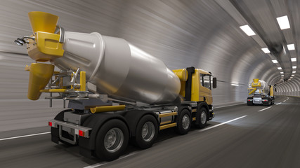 Wall Mural - Rear and Side View of Cement Mixers Inside a Tunnel 3D Rendering