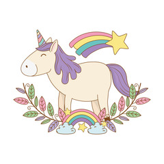 Wall Mural - cute fairytale unicorn in wreath with rainbow