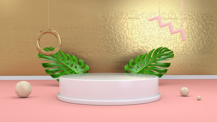 Wall Mural - 3d render abstract background with podium, spheres, golden elements and palm leaves in minimal pink Memphis design style.