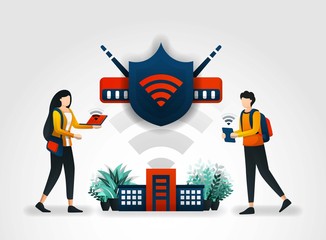 Vector illustration concept. students are accessing internet safely using a wifi network and shield. network security check securing wifi with help of security services company and security companies