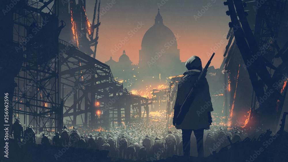 young man with gun looking at crowd of people in apocalyptic city, digital art style, illustration painting - obrazy, fototapety, plakaty 