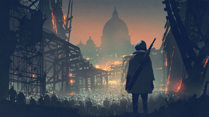 young man with gun looking at crowd of people in apocalyptic city, digital art style, illustration painting