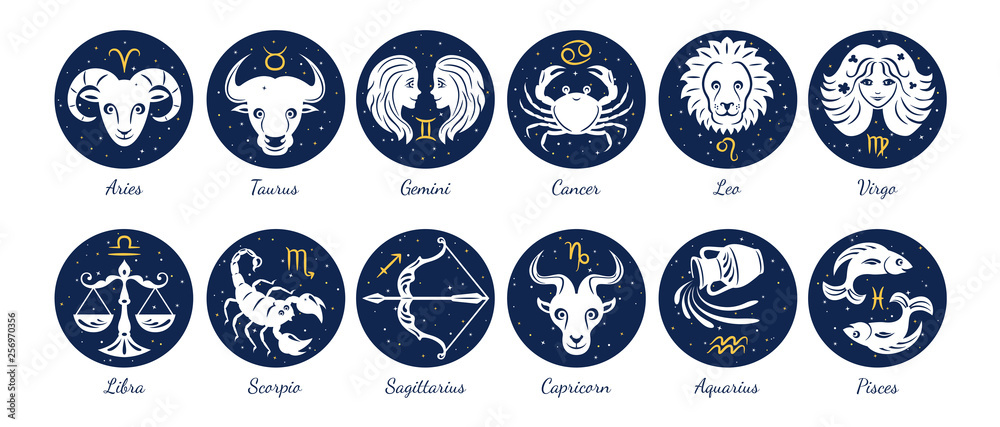 Set of zodiac signs icons. Aries, leo, gemini, taurus, scorpio, aquarius, pisces, sagittarius, libra, virgo, capricorn and cancer. Vector illustration in cartoon simple style.  - obrazy, fototapety, plakaty 