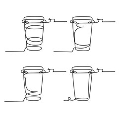 Sticker - Drawing a continuous line. Set of coffee cups