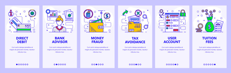 Mobile app onboarding screens. Banking, money fraud, bank advisor and tax avoidance. Menu vector banner template for website and mobile development. Web site design flat illustration