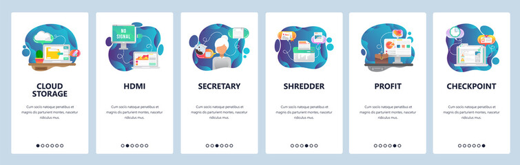 Fototapete - Mobile app onboarding screens. Business and finance management, cloud storage, personal assistant, shredder. Menu vector banner template for website and mobile development. Web site flat illustration