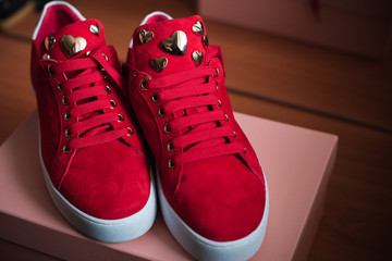 Concept of fashion and casual style. Red Suede Sneakers  