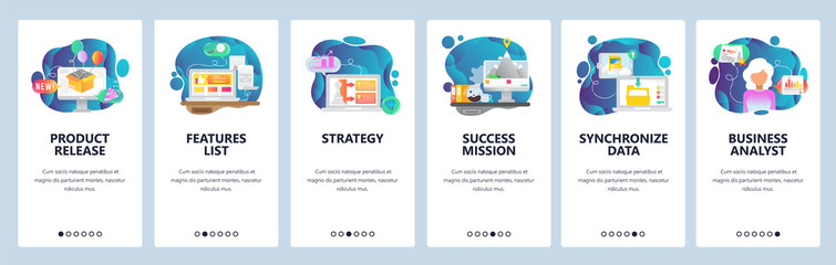 Aufkleber - Mobile app onboarding screens. Business strategy, new product release, data sync. Menu vector banner template for website and mobile development. Web site design flat illustration