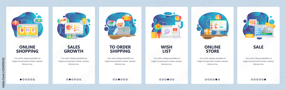 Mobile app onboarding screens. Online shopping, financial chart, wish list, online store, order payment and delivery. Vector banner template for website mobile development. Web site flat illustration - obrazy, fototapety, plakaty 