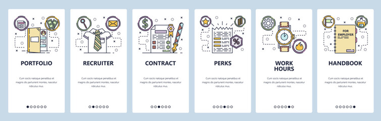 Aufkleber - mobile app onboarding screens. employment, hr recruiter, cintract. job offer, working hours. menu ve