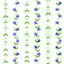 Seamless Pattern. Climbing Plants With Blue Flowers On A White Background. Striped Ornament. Vector.