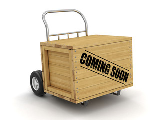 Sticker - Wooden crate with Coming soon on Hand Truck. Image with clipping path