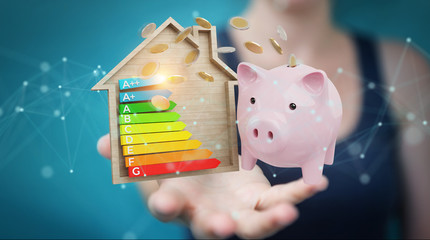 Wall Mural - businesswoman saving money with good energy chart rating 3d rendering