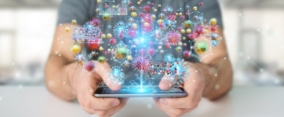 Poster - Businessman analyzing bacteria microscopic close-up 3D rendering