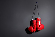 Pair Of Boxing Gloves On Grey Background, Space For Text