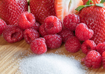 Strawberry And Raspberry. Fruits. Raw. Sugar. Macro. Red