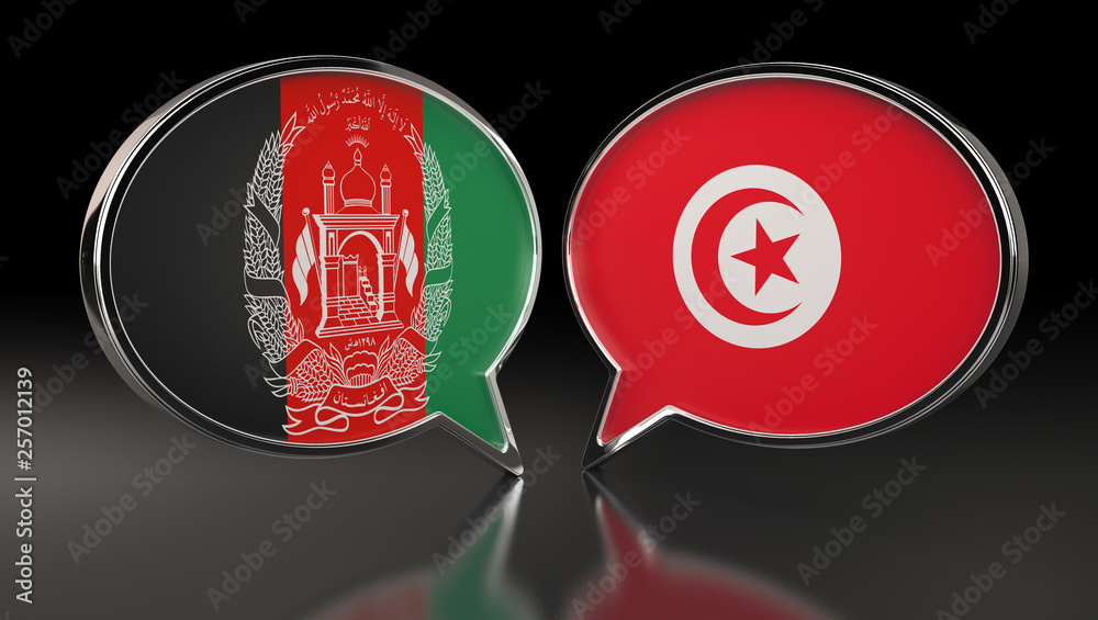 Afghanistan and Tunisia flags with Speech Bubbles. 3D Illustration