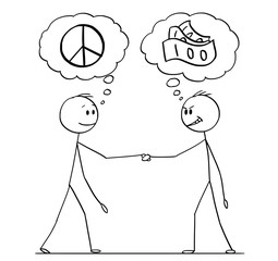 Canvas Print - Cartoon stick figure drawing conceptual illustration of two men or businessmen or politicians handshaking with speech bubbles with peace and money symbol. Negotiation with different expectations.