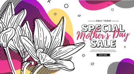 Modern Template design for Mom day banner. Promotion layout for mother's day offer with flower decoration. Line illustration  floral blossom with abstract geometric shape for sale. Vector.