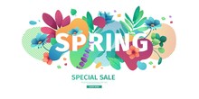 Template Design Banner For Spring Season Sale. Promotion Offer Layout With Plants, Leaves And Floral Decoration.  Abstract Shape With Flowers Frame. Vector