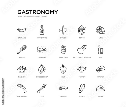 Fotomural set of 20 line icons such as nut, gooseberry, nachos, butternut squash, beer can, lasagne, whisk, floss, dough, hot sauce