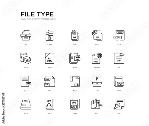 set of 20 line icons such as mkv, eml, txt, mpeg, mp4, psd, rar, tiff, avi,  c4d. file type outline thin icons collection. editable 64x64 stroke Stock  Vector | Adobe Stock