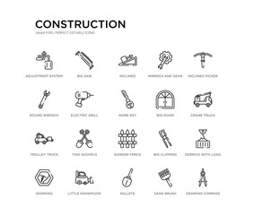 set of 20 line icons such as garden fence, two shovels, trolley truck, big door, home key, electric drill, round wrench, wrench and gear, inclined, big saw. construction outline thin icons