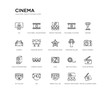 © Meth Mehr - set of 20 line icons such as dvd, cinema seats, loud woofer box, theatre pillar, hollywood star, theatre seats, carpet, film reel playing, movie theatre, film reel countdown number 2. cinema outline