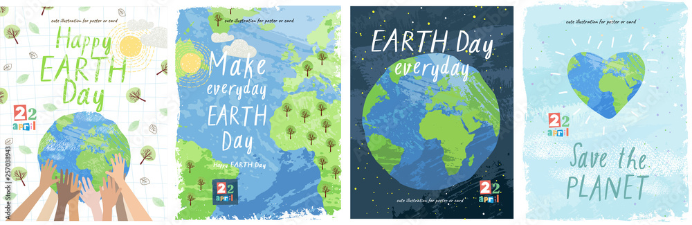 Happy Earth Day! Vector eco illustration for social poster, banner or card on the theme of saving the planet. Make everyday earth day - obrazy, fototapety, plakaty 