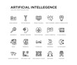 set of 20 line icons such as hyperloop, immersive, infra, laws of robotics, match moving, memory transfer, microbots, mind transfer, mobile flexible display, motion sensor. artificial intellegence