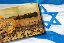 Old Open Book With Image Of Jerusalem Western Or Wailing Wall. Israeli National Flag With Magen David.