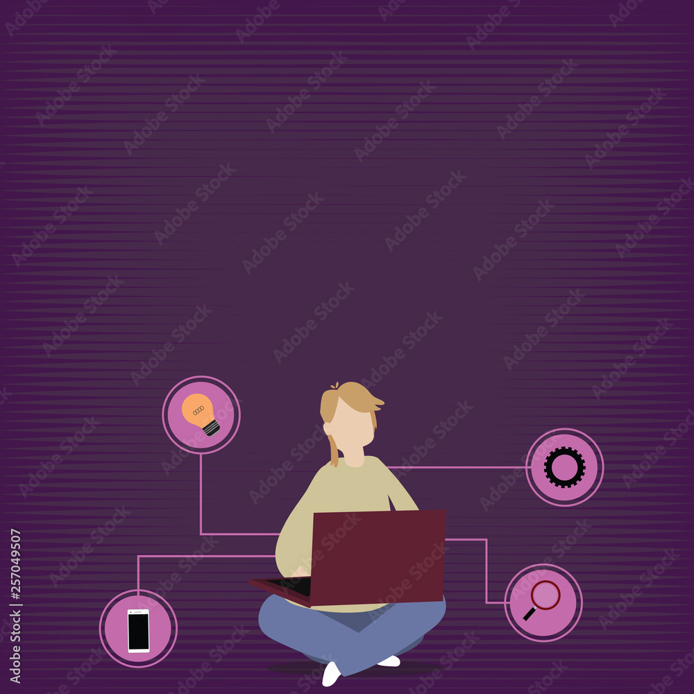 Woman Sitting Crossed Legs on Floor Browsing the Laptop with Technical ...
