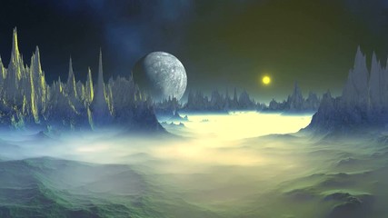 Wall Mural - Mysterious Alien Planet. A bright yellow sun rises over a rocky foggy planet. In the dark starry sky nebula and a big moon over the horizon. The fog slowly dissipates. 