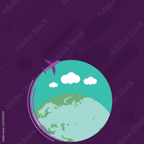 Airplane With Moving Icon Flying Around Colorful Globe And Blank