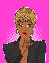 Wall Mural - black woman keep a silence with pink background