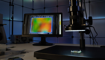 Poster - Laboratory of semiconductor chips. The development of modern electronics. crystal chip in the microscope