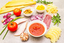Raw Ingredients For Pizza, Quiche, Savory Pie. Cooking Stone Background