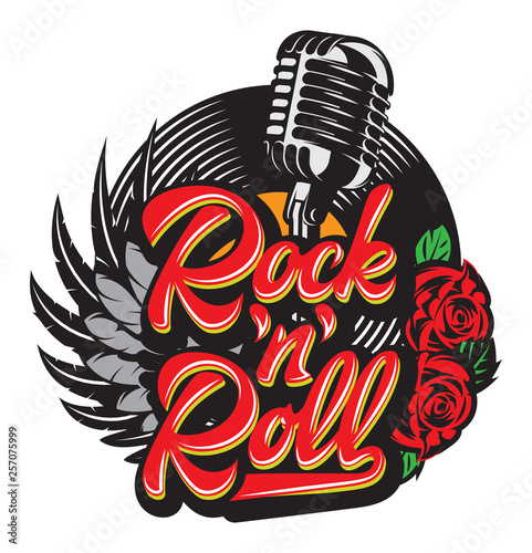 Cuadros en Lienzo Vector stylish print template on the theme of rock with microphone, wing, vinyl,
